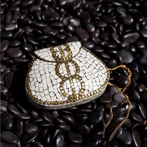 RAMLA Porte-Moi Bag White & Gold Mosaic Crossbody with Gold Chain Detail